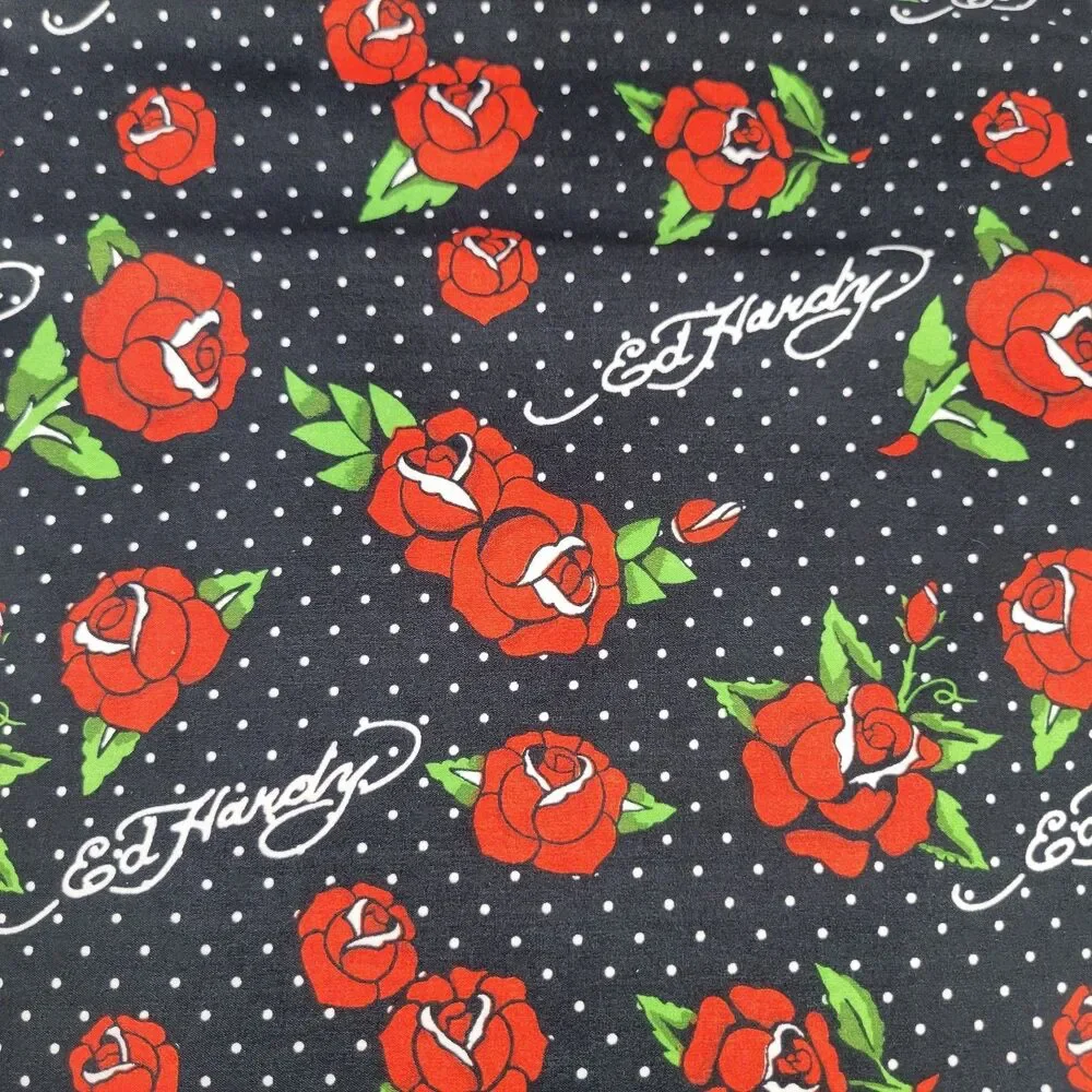 Ed Hardy QUEEN Sheets Set 6pc Black White Polka Dots Red Rose Tattoo Print Signa